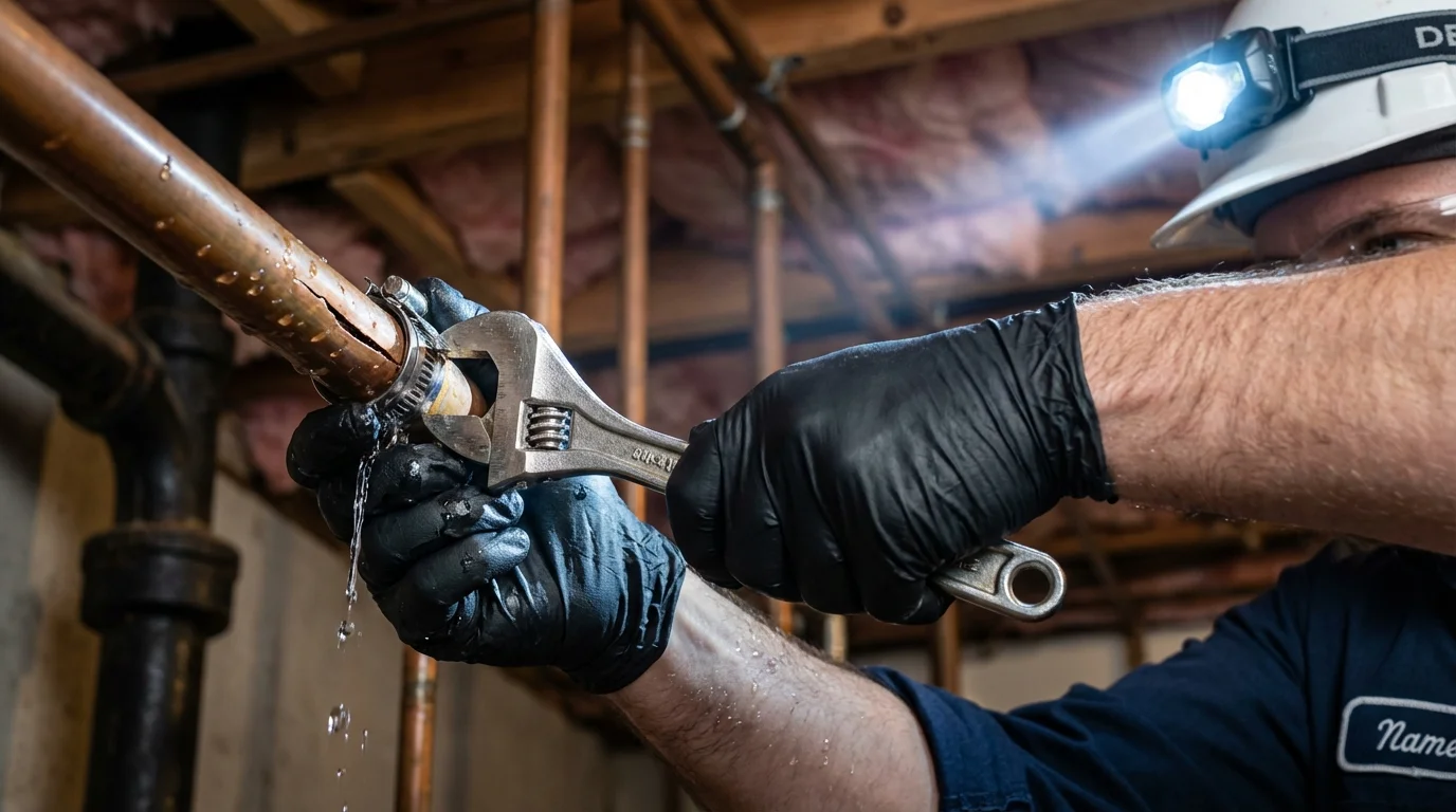 Emergency pipe clamp repair being performed by a Johns Plumbing LLC plumber in Roseville