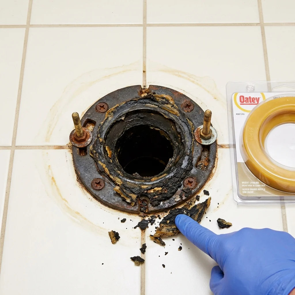 Failed wax ring showing water seepage at the base of a toilet in a Roseville, MI home