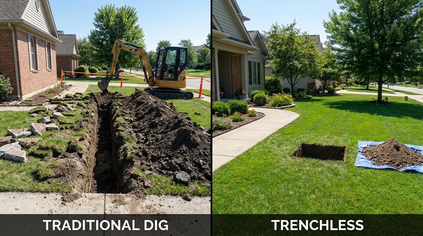 Trenchless sewer repair with minimal yard damage versus traditional excavation in Roseville, MI