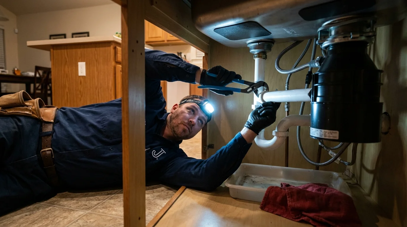 P-trap and supply line connections under a kitchen sink showing a common leak point in Roseville, MI